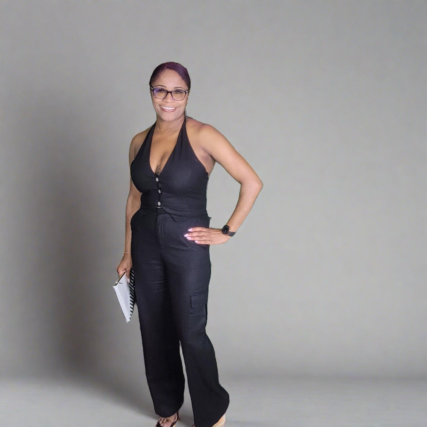 Linen Halter Vest and Cargo Pant Set(Black)