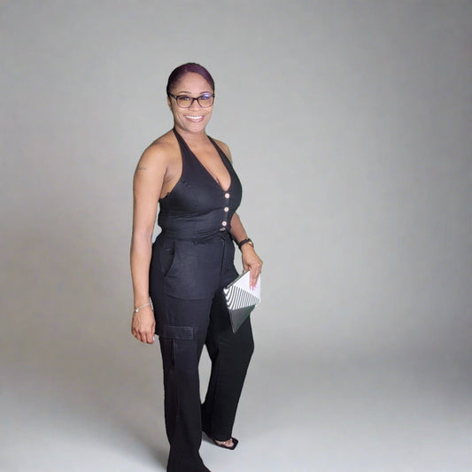 Linen Halter Vest and Cargo Pant Set(Black)