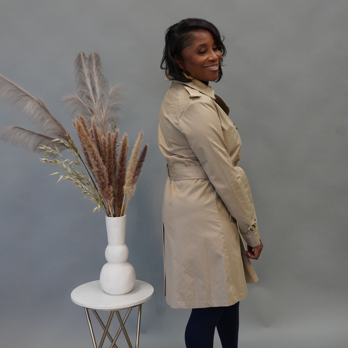 Doubled Breasted Thigh Length Trench Coat