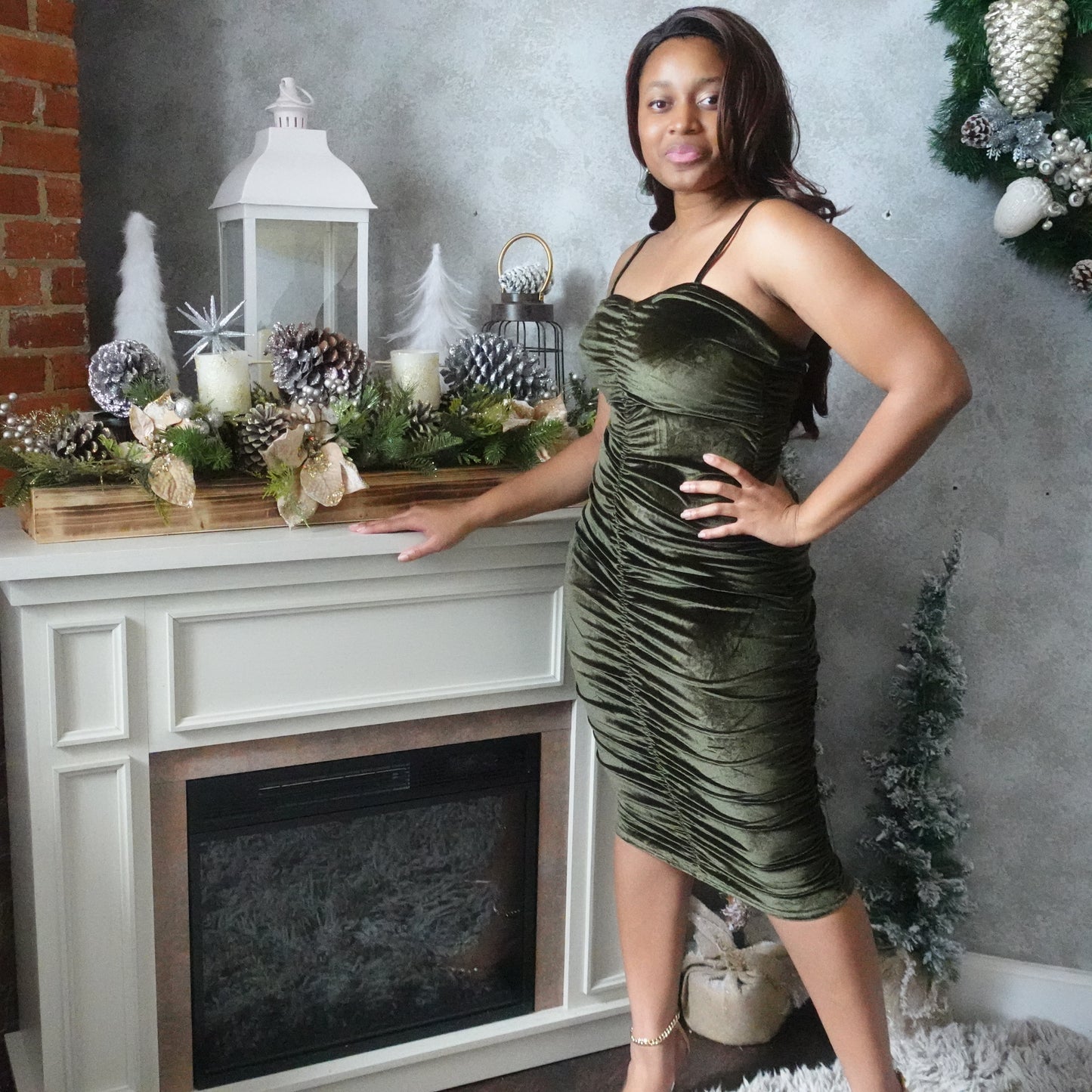 Olive Ruched Velvet Dress
