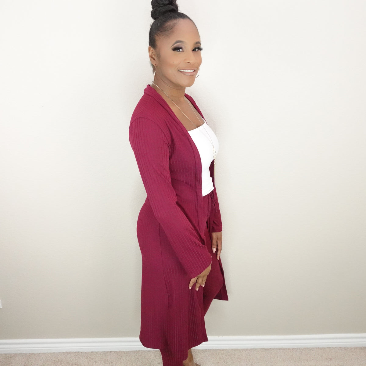 Ribbed Cardigan & Leggings Set (Burgundy)
