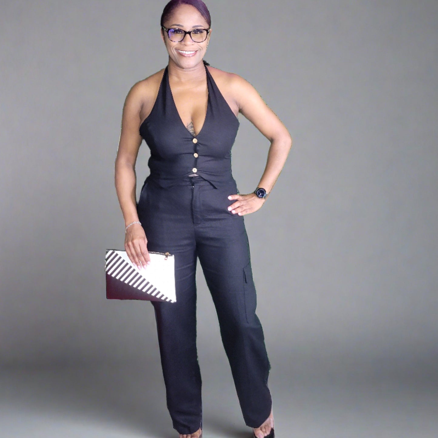 Linen Halter Vest and Cargo Pant Set(Black)