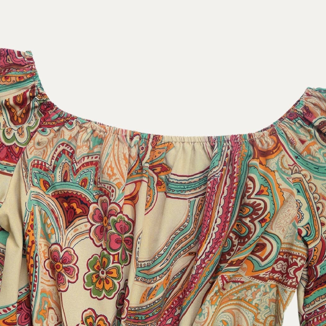 Bohemian Print Off-The-Shoulder Short Sleeve  Romper