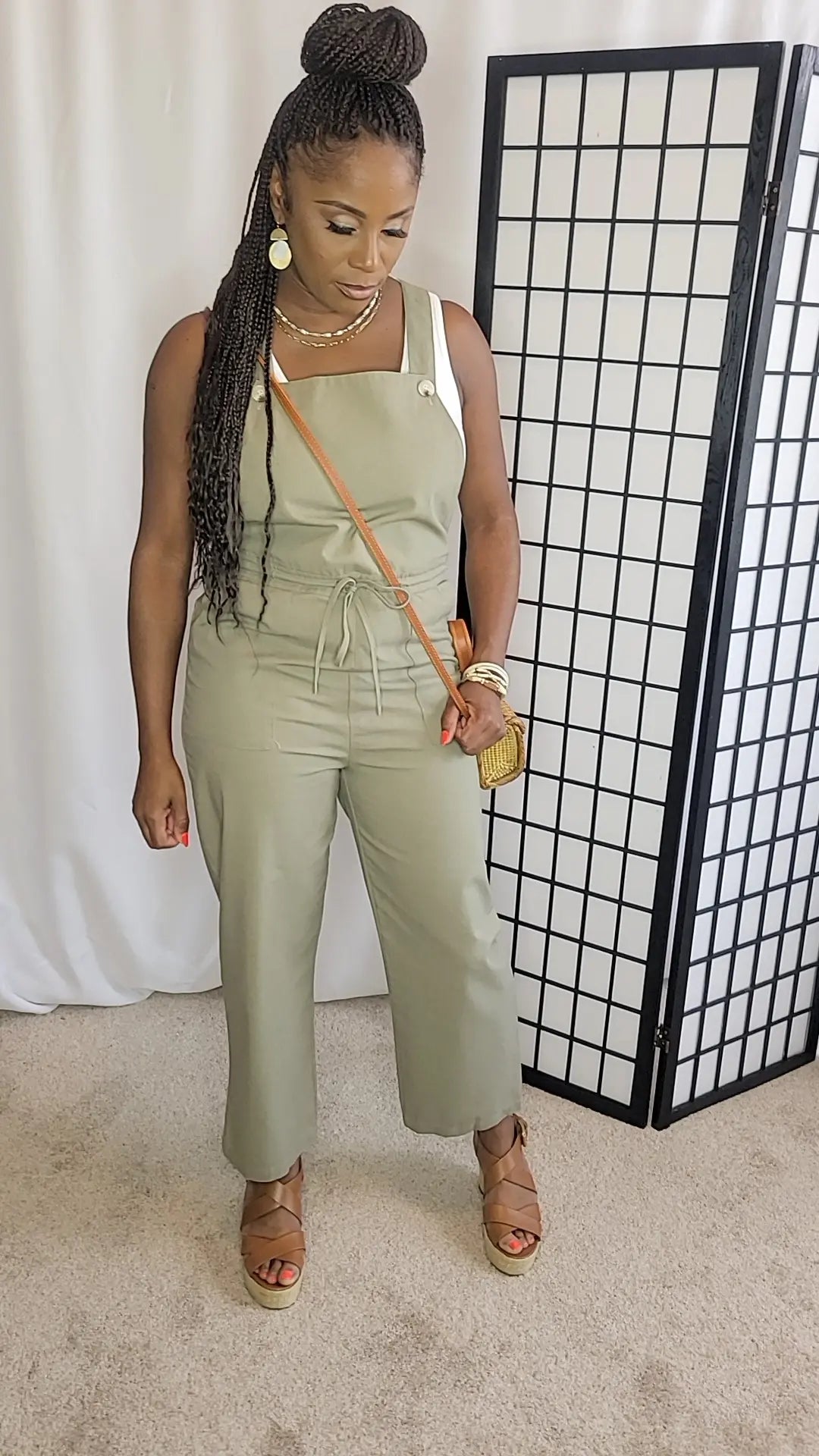 Drawstring Buttoned Straps Cropped Overall