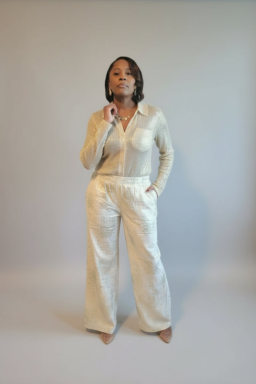 Metallic High Waist/ Wide Leg Pant