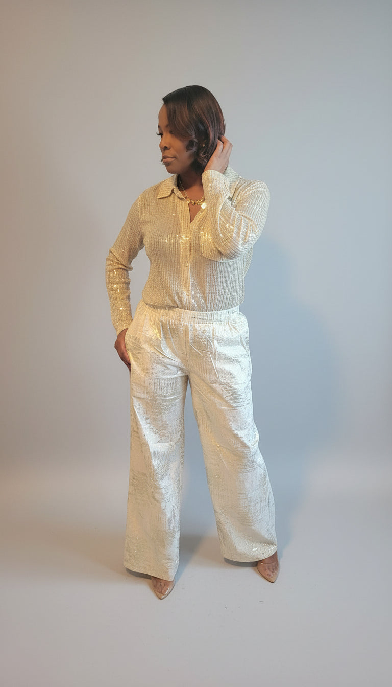 Metallic High Waist/ Wide Leg Pant