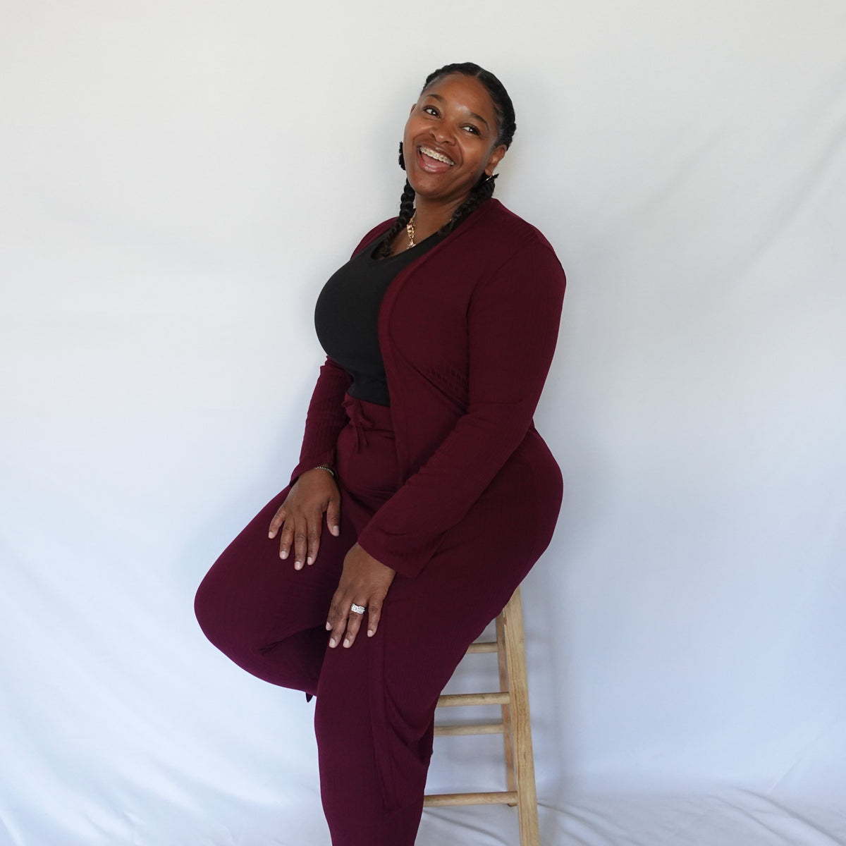 Ribbed Cardigan & Leggings Set (Burgundy)