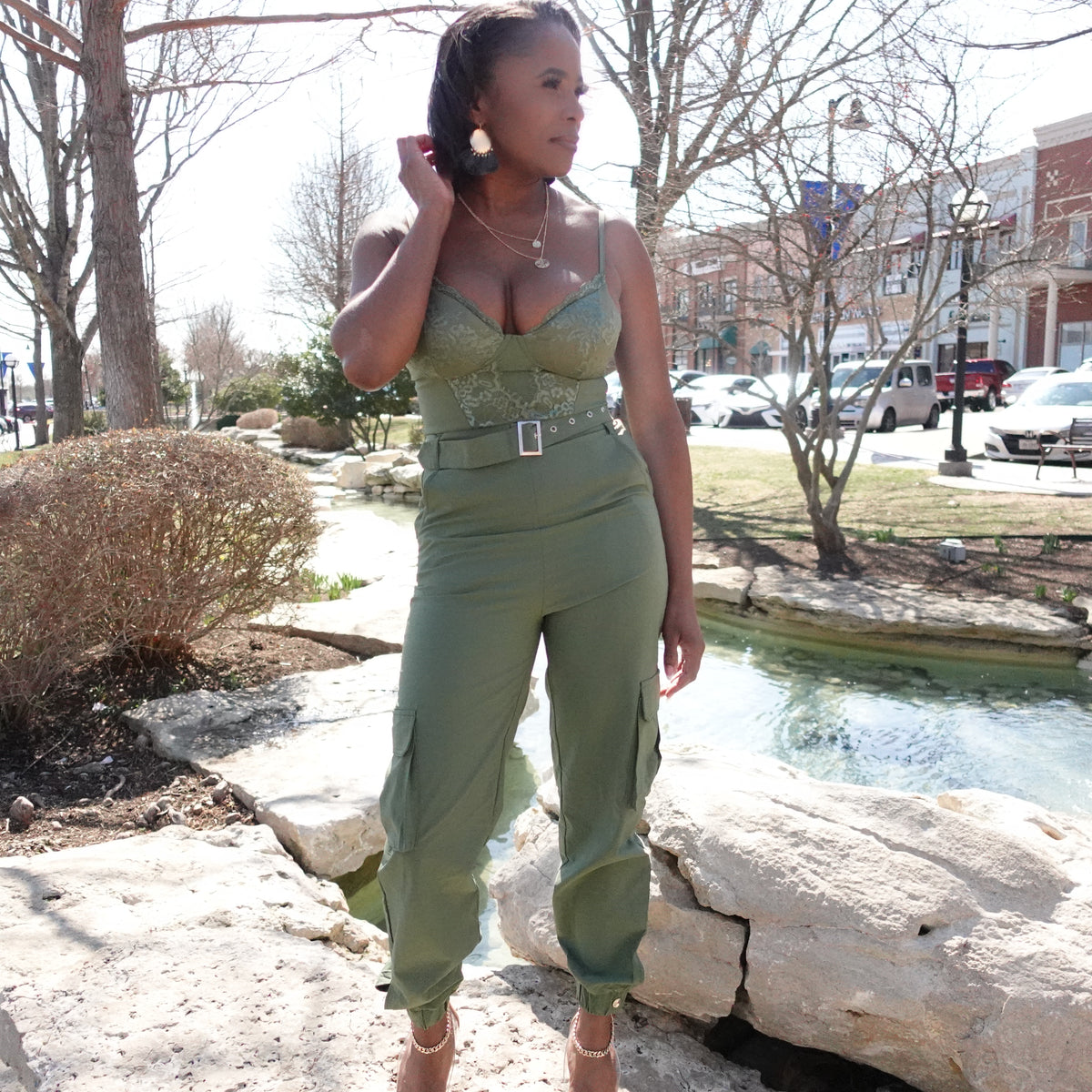 Lace Top Belted Cargo Jumpsuit