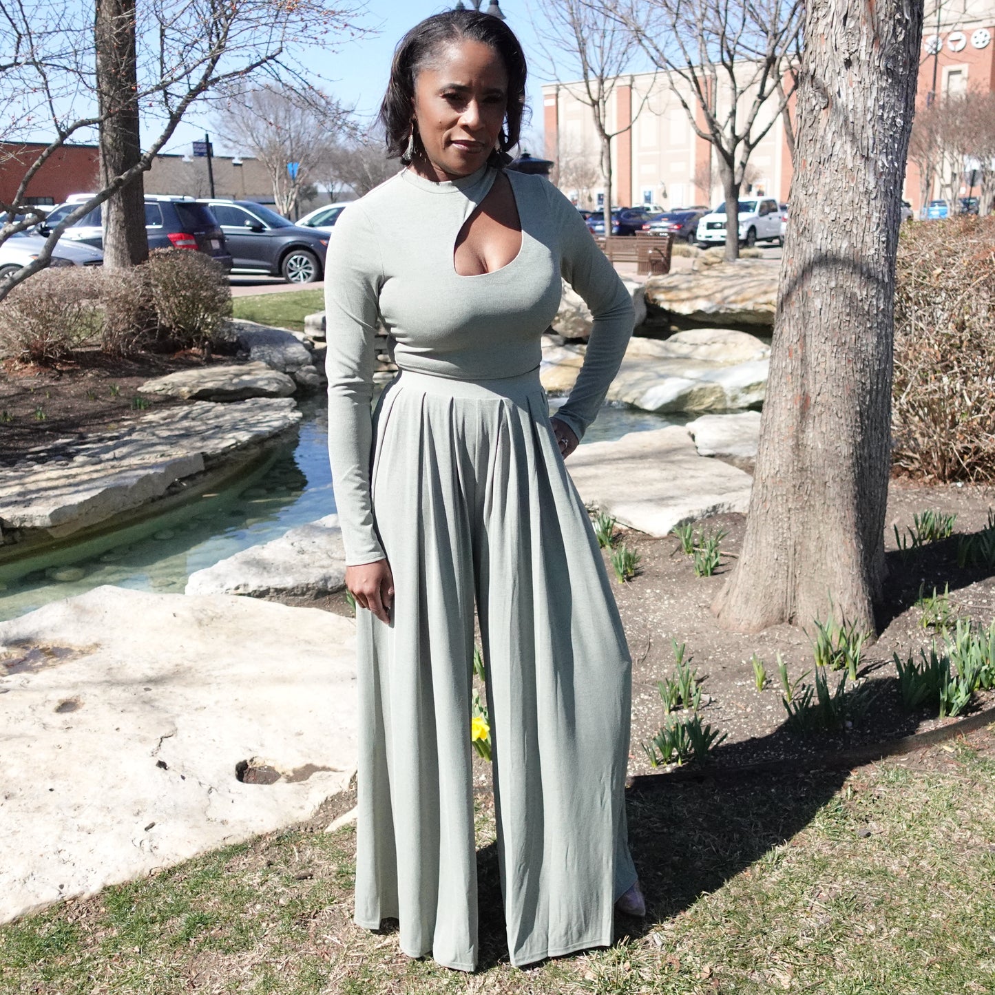 Cutout Long Sleeve Top and Pants Set