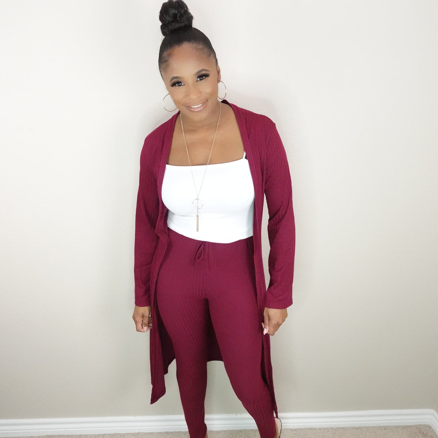 Ribbed Cardigan & Leggings Set (Burgundy)