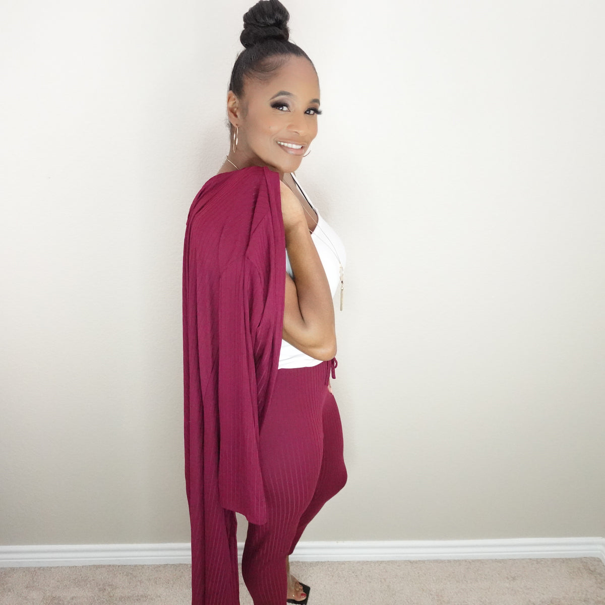 Ribbed Cardigan & Leggings Set (Burgundy)